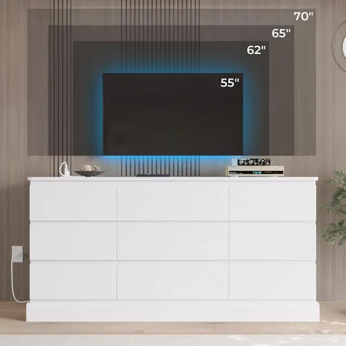 Vista 4 de Hasuit Cómoda Blanca Moderna para Dormitorio con 9 Cajones, Cómodas de 61.4" de Ancho Cajonera con Almacenamiento de Gran Capacidad, Cómoda Larga
