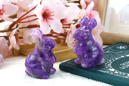 Vista 5 de QINJIEJIE Decoración de Pascua de 2 pulgadas, estatua de conejo de amatista, cristales de conejo, piedras curativas, piedras preciosas naturales