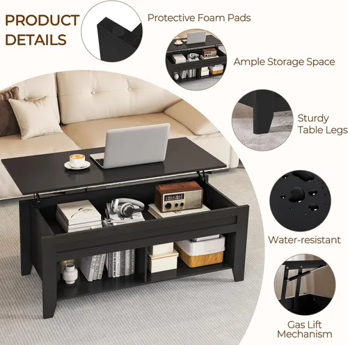 Vista 9 de Yaheetech Mesa de centro de madera negra elevable, con almacenamiento oculto y 2 estantes abiertos para sala de estar, recepción, oficina, 39.5