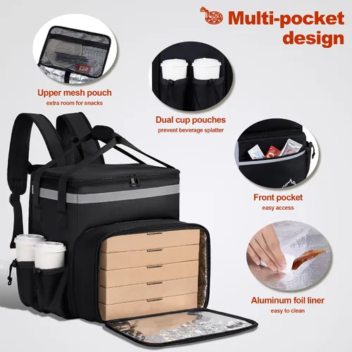 Vista 5 de Mochila de entrega de alimentos GoHimal, bolsas aisladas para entrega de alimentos para bicicleta de comida para llevar, bolsa grande de pizza