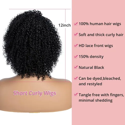 Vista 5 de QUEEN VIRGIN REMY QVR - Pelucas de cabello humano corto y rizado con corte Pixie de 13 x 5 x 1 pulgadas, pelucas de encaje frontal con cabello