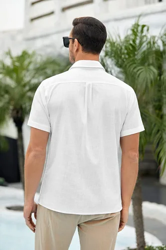 Vista 5 de Makkrom Mens Short Sleeve Guayabera Shirt Button Up Linen Lapel Hippie Cuban Camp Beach Shirts