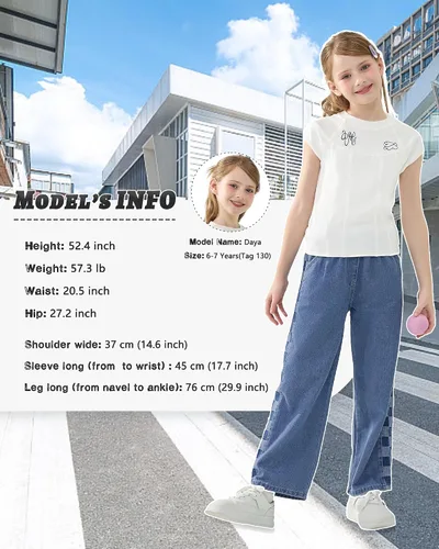 Vista 6 de Rolanko Pantalones vaqueros para niñas, cintura elástica, pierna ancha, pantalones holgados para niños, ropa para niños de 4 a 14 años