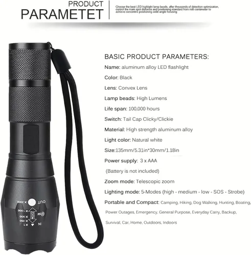 Vista 6 de Linterna LED de alto lúmenes, linternas para camping, senderismo, pasear perros, potentes linternas de emergencia con 5 modos para uso al aire