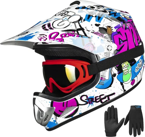 Vista 13 de ILM - Casco para niños o jóvenes para motocross o cuatrimoto o calle, de cara completa, para moto, incluye lentes y guantes, aprobado por el DOT