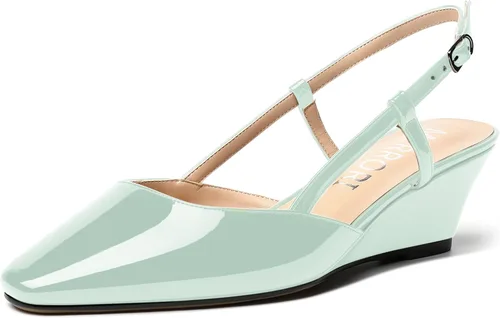 Vista 14 de MERRORI Zapatos de tacón bajo de cuña con hebilla y punta cuadrada para mujer, de patente sólida, de 2 pulgadas Beige