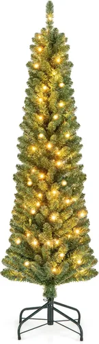 Vista 15 de GOFLAME Árbol de Navidad preiluminado de 5 pies, árbol de Navidad artificial con 180 luces LED, 10 modos de luz, 390 puntas de rama, soporte