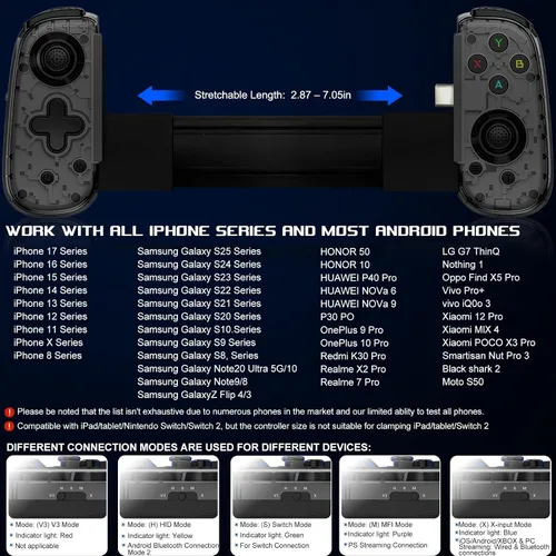Vista 5 de Mobile Gaming Controller for Android & ALL iPhone Series (Support USB-C & Wireless Connect) Phone Gamepad with Hall Effect Joystick, Turbo, Support