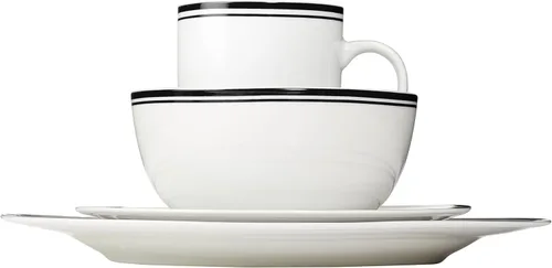 Vista 3 de Amazon Basics - Juego de vajilla de cocina de 16 piezas con rayas de café, platos, cuencos, tazas, servicio para 4, color negro