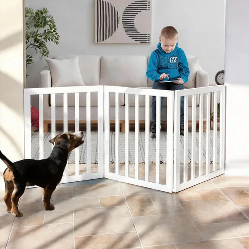 Vista 20 de Puerta para perros para interiores, valla independiente para perros, para la casa, puertas, pasillos o escaleras, puerta para mascotas plegable