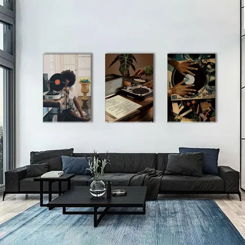 Vista 4 de AOYUSMO 3 piezas de arte de pared de niña negra afroamericana, decoración de pared para mujer negra, arte de música, cuadros de DJ, pinturas