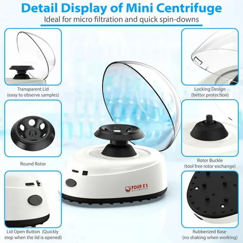 Vista 7 de FOUR E'S SCIENTIFIC Mini centrífuga 5400rpm, 2000 x g RCF con 2 rotores intercambiables para capacidad de tubo de 0.2/0.5/1.5/2 mL - NO