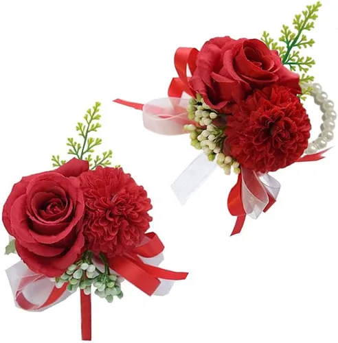 Vista 8 de Wrist Corsage and Boutonniere Set for Bride Groom Bridesmaids Groomsmen Wedding Homecoming Flowers Prom Suit Accessories, Rose Boutonniere and