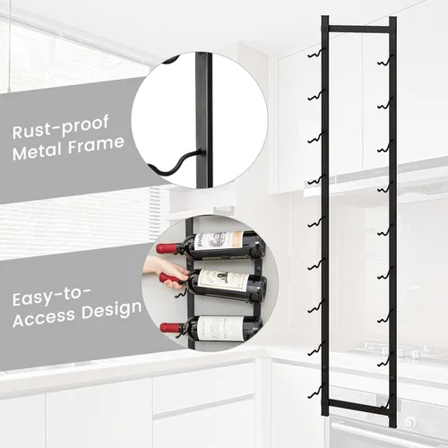 Vista 5 de GOFLAME Estante para vino montado en la pared, estante colgante para 9 botellas, soporte de vino de metal inoxidable para pared, organizador
