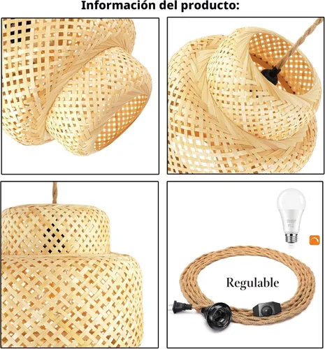 Vista 4 de Lámpara colgante de ratán para enchufar, con cable de enchufe, lámpara colgante de bambú regulable, tejida a mano estilo bohemio, pantalla