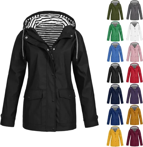 Vista 4 de ZEFOTIM Chaquetas de lluvia para mujer, chaqueta de lluvia sólida para exteriores, impermeable, con capucha, resistente al viento