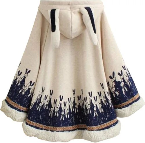 Vista 2 de YM YOUMU Capa de invierno con capucha para mujer, capa de forro polar para las orejas, poncho holgado japonés Kawaii