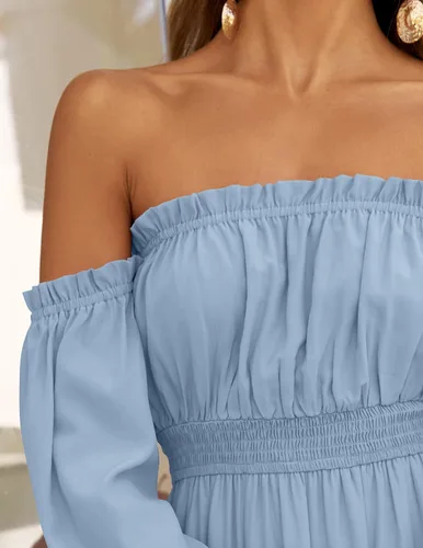 Vista 155 de ZESICA - Vestido largo, bohemio y sexy, con hombros descubiertos y manga larga fruncida, con elástico fruncido, cintura alta y abertura lateral