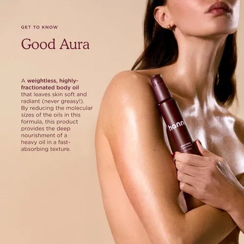 Vista 3 de HANNI Good Aura Aceite corporal en seco ligero, hidratante después de la ducha con aceites de jojoba, coco, baobab y buriti, cuidado de la piel