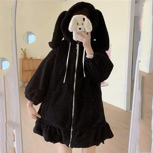 Vista 5 de Kingspinner Lolita Dress Kawaii - Abrigo de felpa suave con capucha para mujeres, adolescentes, niñas, orejas de conejo, manga larga, chaqueta suelta