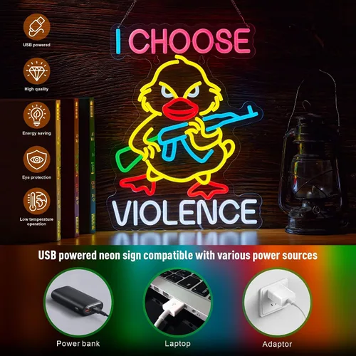 Vista 3 de Letrero de neón con texto en inglés "I Choose Violence Duck - Pistola de ganso con luz LED AK 47, decoración con USB, regulables, para pub, tienda