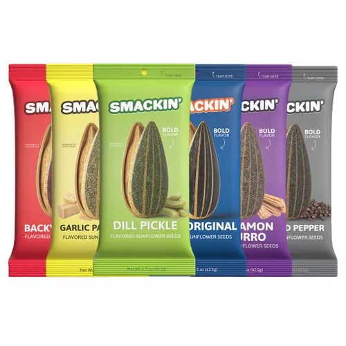 Vista 17 de SMACKIN' Sunflower Seeds, Lote pequeño jumbo asado, hecho en Estados Unidos, barbacoa de patio trasero. Bolsas de 1.5 onzas (paquete de 6)