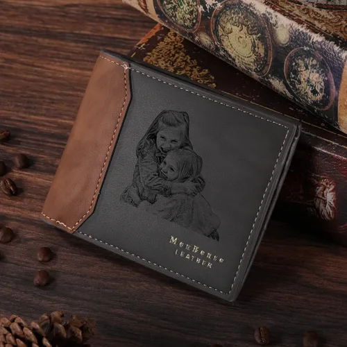 Vista 13 de INBLUE Billetera plegable grabada personalizada, cartera de cuero personalizada con foto y texto grabado, regalos para hombres, marido, papá, hijo