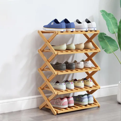 Vista 10 de Zapatero de bambú de 2 niveles, estante de almacenamiento de zapatos plegable portátil, sin instalación, pequeño zapatero perfecto para pasillos