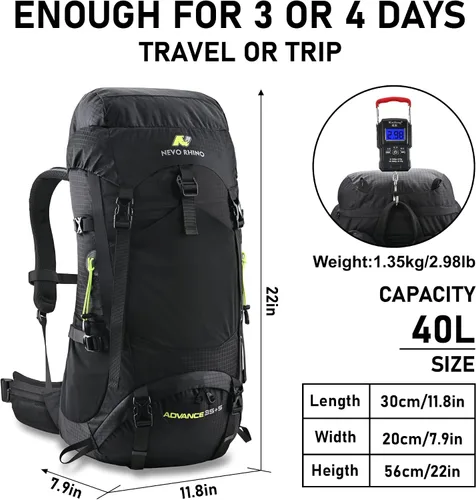 Vista 7 de N NEVO RHINO Mochila de senderismo con marco interno 40L con cubierta de Negro