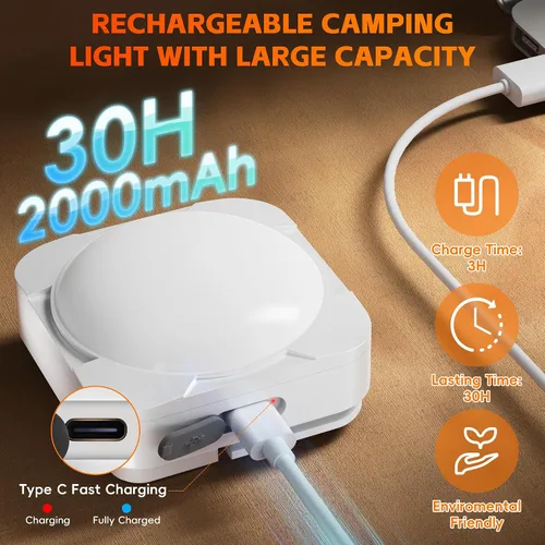 Vista 7 de Paquete de 2 linternas LED recargables para campamento: luz de tienda de campaña con batería de 2000 mAh con imán, linterna impermeable esencial
