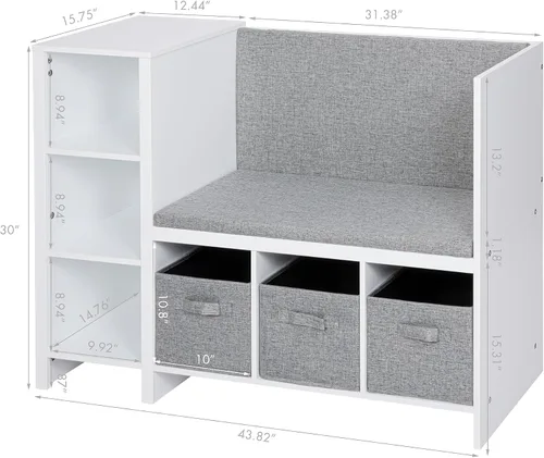 Vista 2 de UTEX Banco de lectura para niños con estantería, estantería para niños y organizador de almacenamiento con cojín de asiento, banco de lectura
