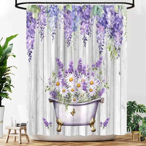 Vista 2 de Cortina de ducha de lavanda con flores moradas, tablero de madera rústico de granja, juego de cortinas de decoración de baño con ganchos