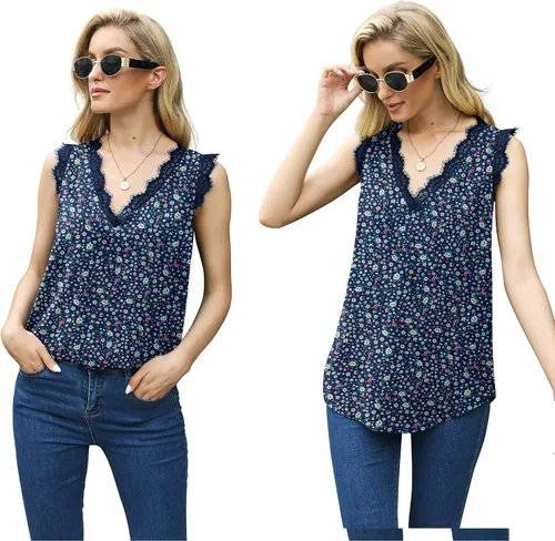 Vista 217 de VIISHOW - Camiseta sin mangas, sexy, con cuello en V y bordes de encaje para mujer, camisola de vestir, camisas de gasa, sin mangas, casuales