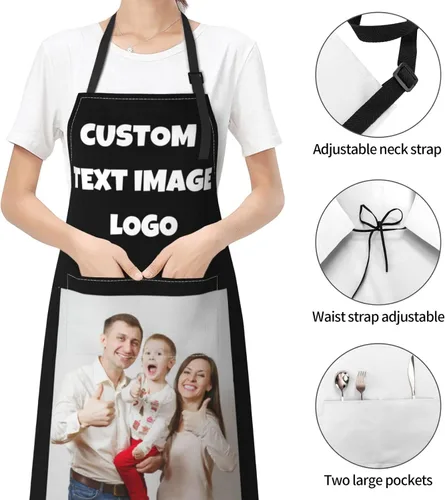 Vista 5 de Delantales de cocina personalizados para mujeres y hombres con bolsillos, personalizable, nombre, texto, logotipo, foto, chef, delantal de cocina