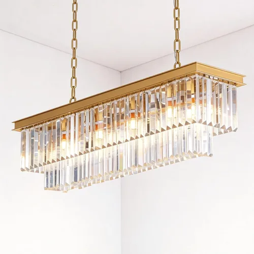 Vista 15 de Lámpara de Araña Moderna de Cristal K9, Luminaria Colgante de Techo Rectangular con 8 Luces para Comedor y Cocina, Acabado en Cromo, L33.5 Pulgadas