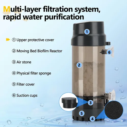 Vista 6 de AQQA Filtro de lecho móvil fluidizado con esponja, bio filtro sumergible para acuario con piedra de aire para camarones y tanques de reproducción