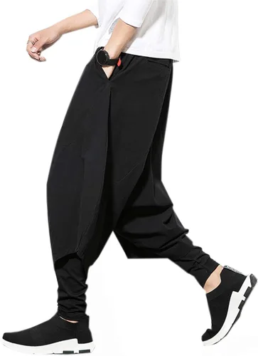 Vista 4 de PRIJOUHE Pantalones harem para hombre, pantalones holgados de pierna ancha, de algodón