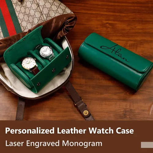 Vista 2 de Estuche Personalizado para Relojes para Hombres y Mujeres, Estuche de Cuero PU Personalizado para Viajes Enrollable para Papá, Nombre Grabado