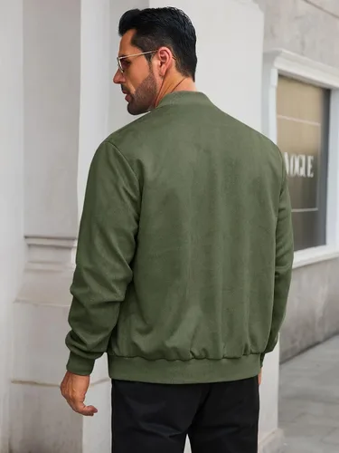 Vista 4 de Runcati Chaqueta bomber de gamuza para hombre, con cremallera completa, casual, softshell, chaqueta universitaria, ligera, vintage, abrigo de otoño