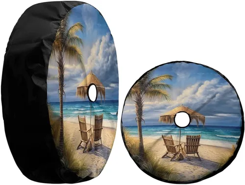 Vista 5 de Hermosa cubierta de rueda de repuesto con diseño de palmeras de playa y orificio para cámara de respaldo. Cubierta de rueda para remolque, vehículo