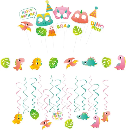 Vista 5 de Oojami Suministros de fiesta de dinosaurios para 24 - Juego de decoraciones de cumpleaños para niñas