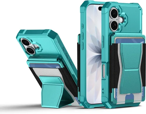 Vista 115 de Dteck Funda para iPhone 16 de 6.1 pulgadas 2024, funda de piel sintética con cierre de botón magnético, ranuras para tarjetas de crédito, función