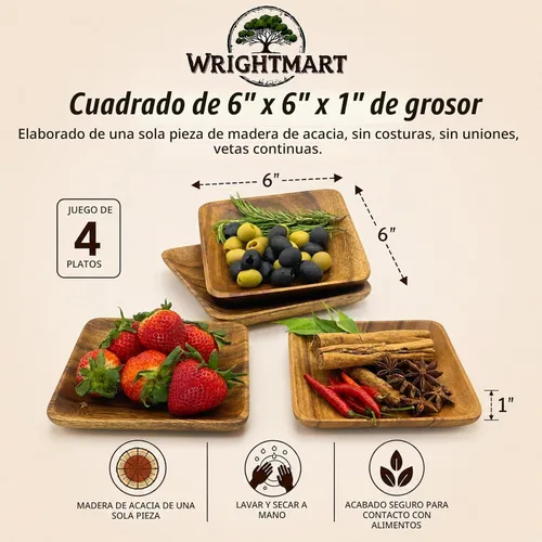 Vista 4 de Platos cuadrados de madera de acacia, 6 pulgadas, postre, aperitivos y pan