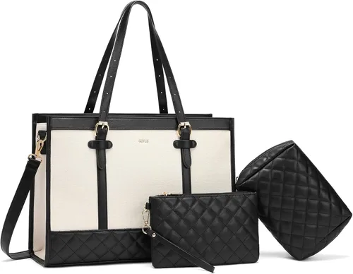 Vista 9 de Keyli 3 piezas Bolsa para Laptop para Mujeres, 15.6 Pulgadas Bolsa de Lona Tote Bolsas de Trabajo Grandes Maletín de Computadora de Negocios Bolso