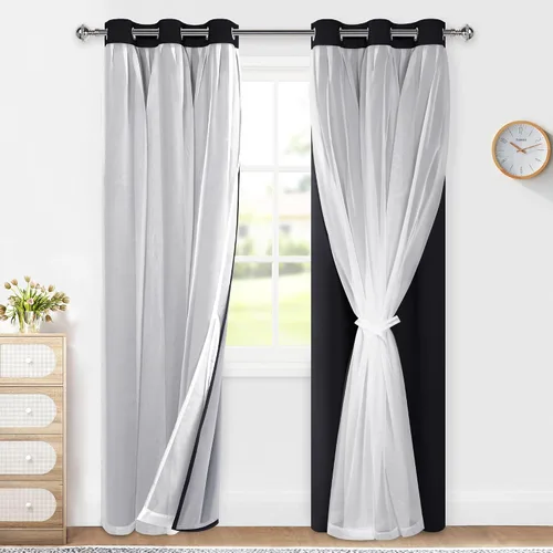 Vista 28 de XWZO Cortinas 100% opacas de doble capa para guardería, cortinas opacas con superposición transparente para dormitorio de niñas, cortinas