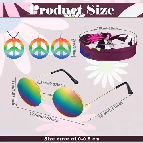 Vista 2 de Jenaai Conjunto de 8 piezas de disfraz hippie de los años 60 y 70 para mujer, signo de la paz, aretes, collar, vestido bohemio, diadema, calcetines