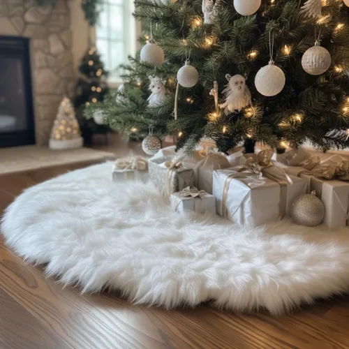 Vista 8 de AISENO Falda de árbol de Navidad de 60 pulgadas, decoración navideña de felpa de piel sintética beige para árbol de Navidad, fiesta festiva