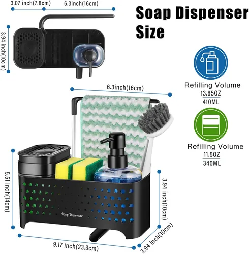 Vista 6 de Juego de dispensador de jabón de cocina, soporte de esponja para fregadero de cocina, dispensador de jabón de manos y platos con organizador