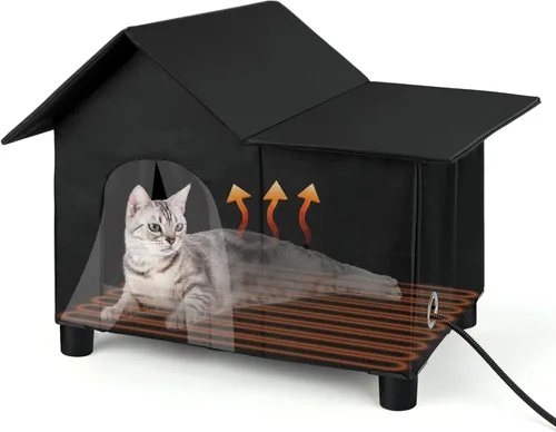 Vista 8 de Casa Grande con Calefacción para Gatos de Exterior, Casa Elevada para Gatos al Aire Libre Resistente a la Intemperie con Almohadilla Térmica