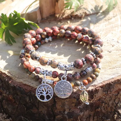 Vista 5 de YGLINE Pulseras de piedra curativa de yoga del árbol de la vida, juego de pulseras de reiki de piedra de chakra de loto multicapa, piedra natural